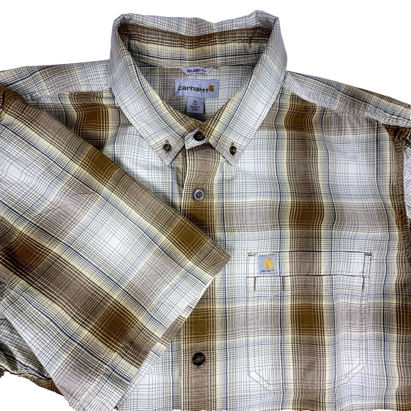 Carhartt Shirt sz XL Tall Tan Plaid Cotton Button Up‎ Relaxed Fit Short Sleeve - Picture 1 of 9